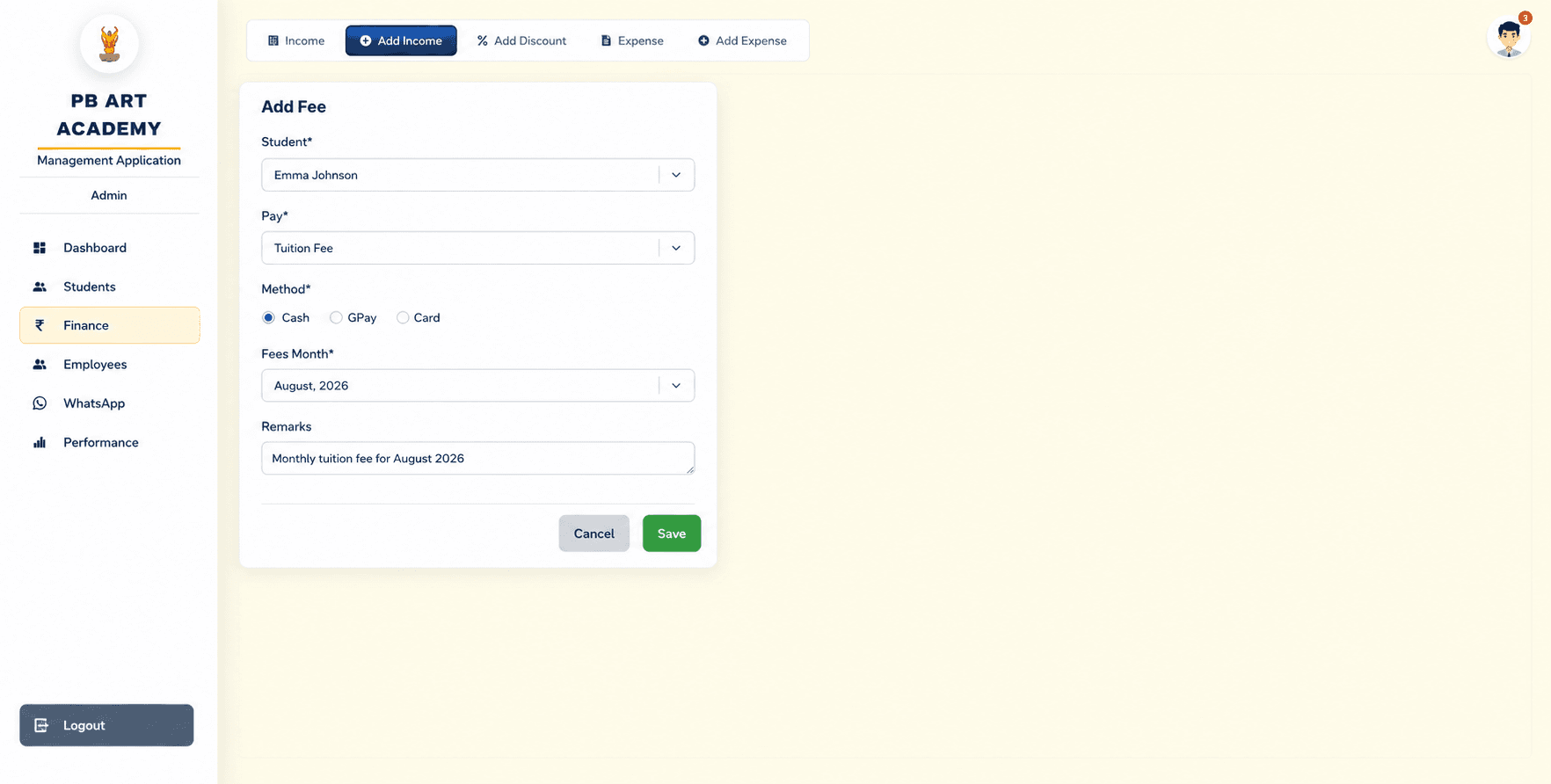 Add fee form for a student