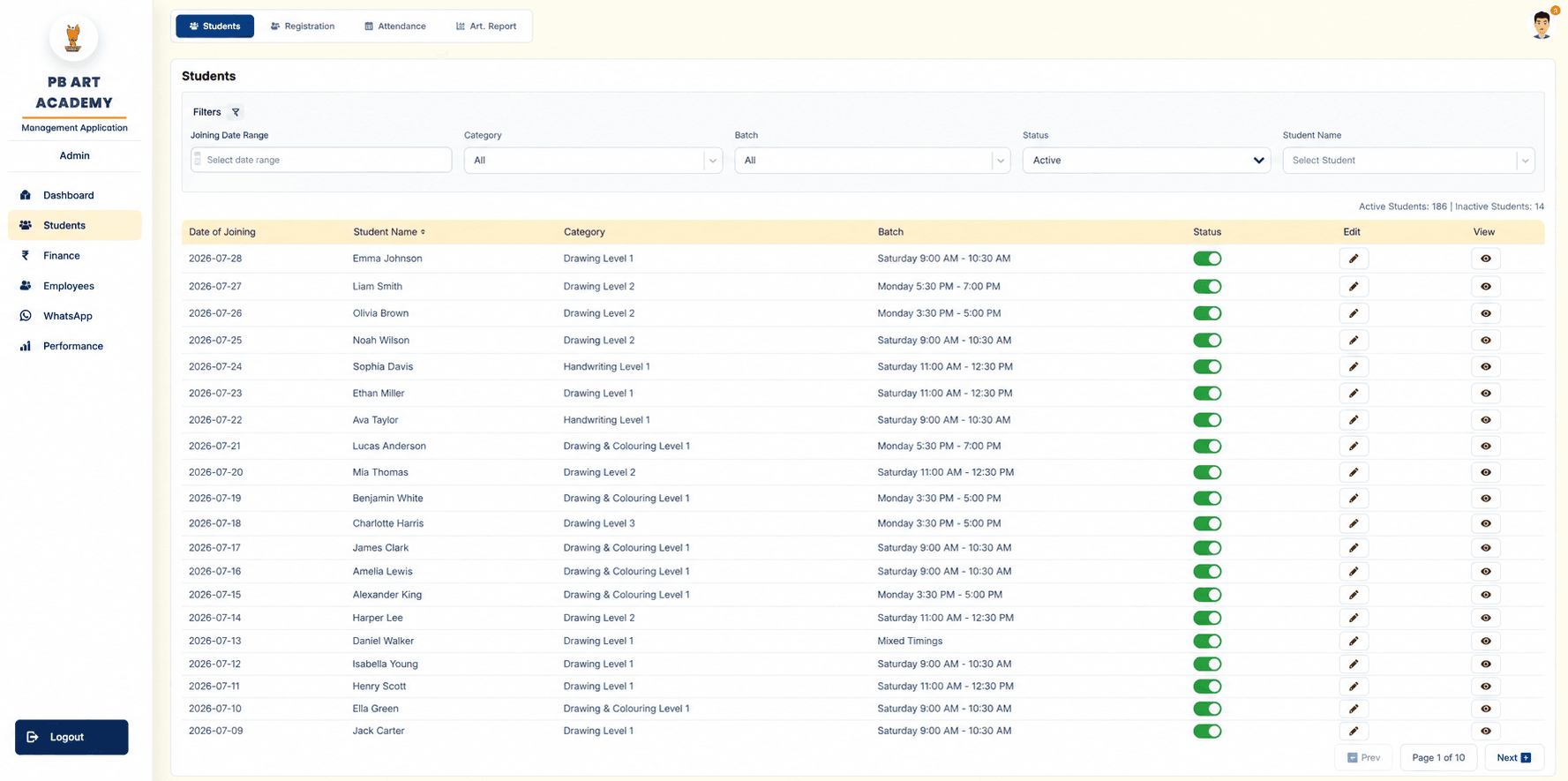 Students list with 186 active and 14 inactive students