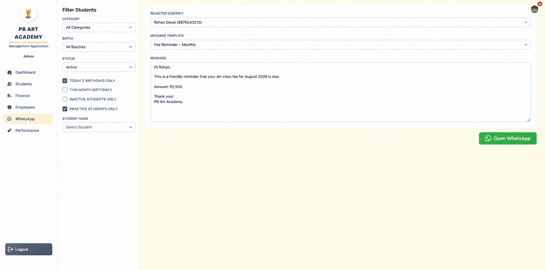 WhatsApp automation screen with filters and a fee reminder message template