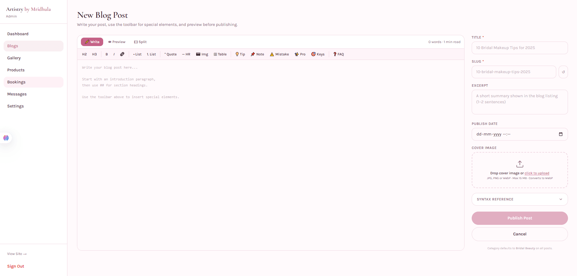 New blog post editor with write/preview/split modes