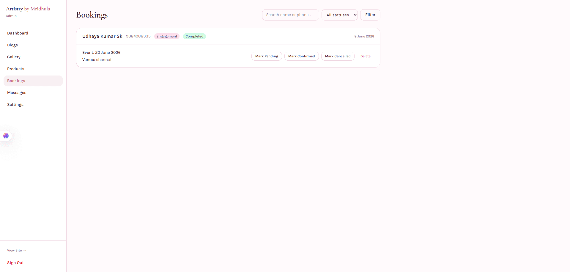 Bookings list with status workflow actions