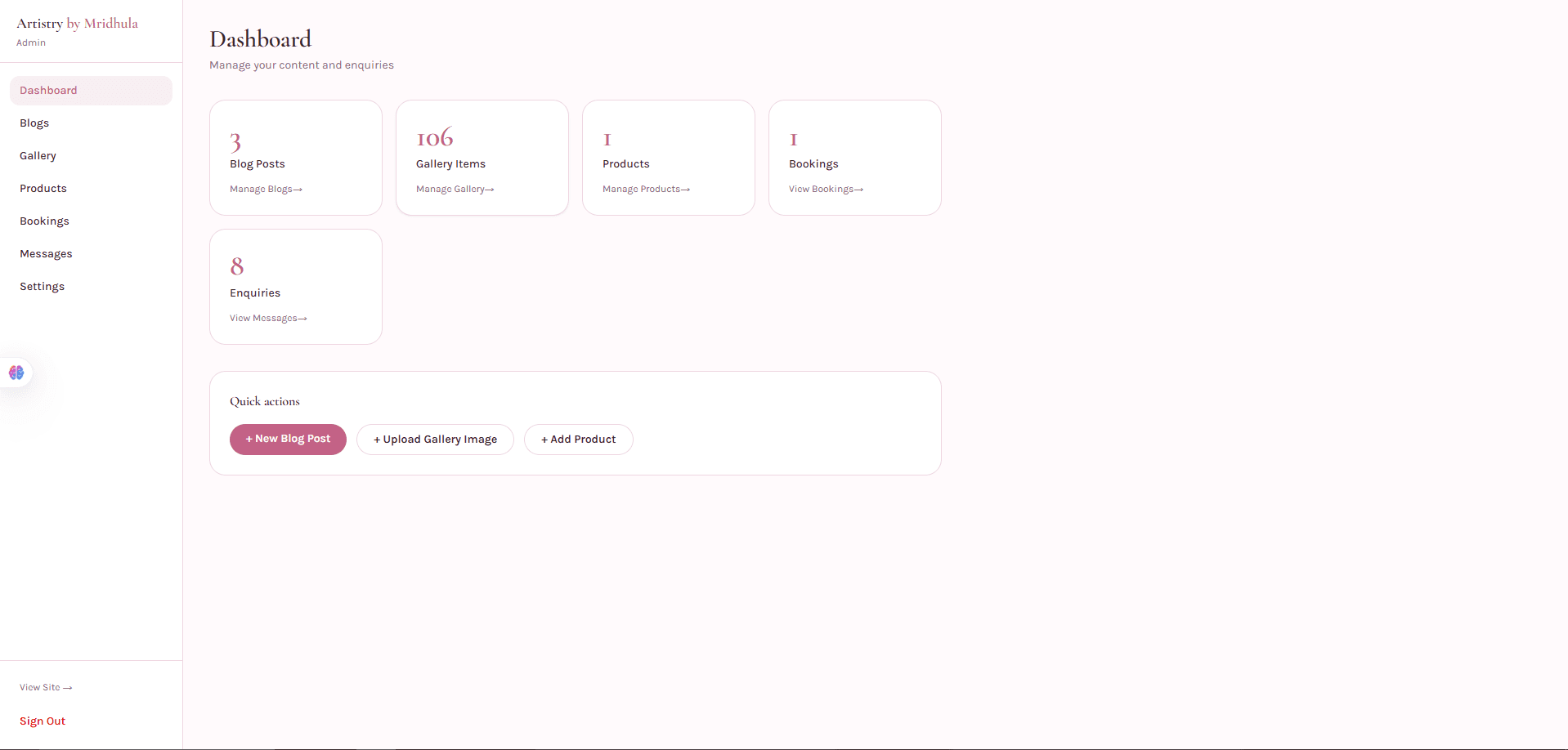 Admin dashboard with live content counts