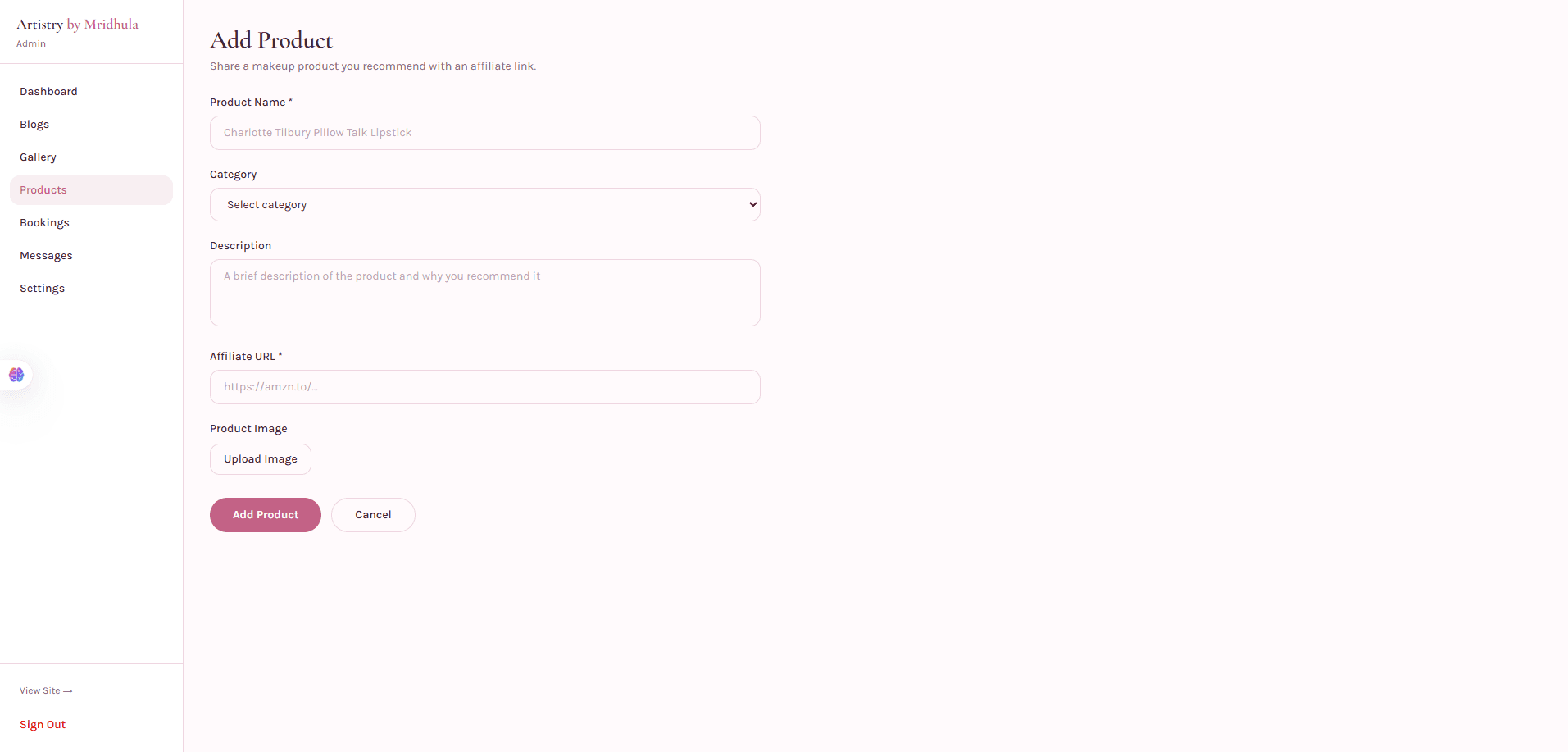 Add Product form for affiliate recommendations