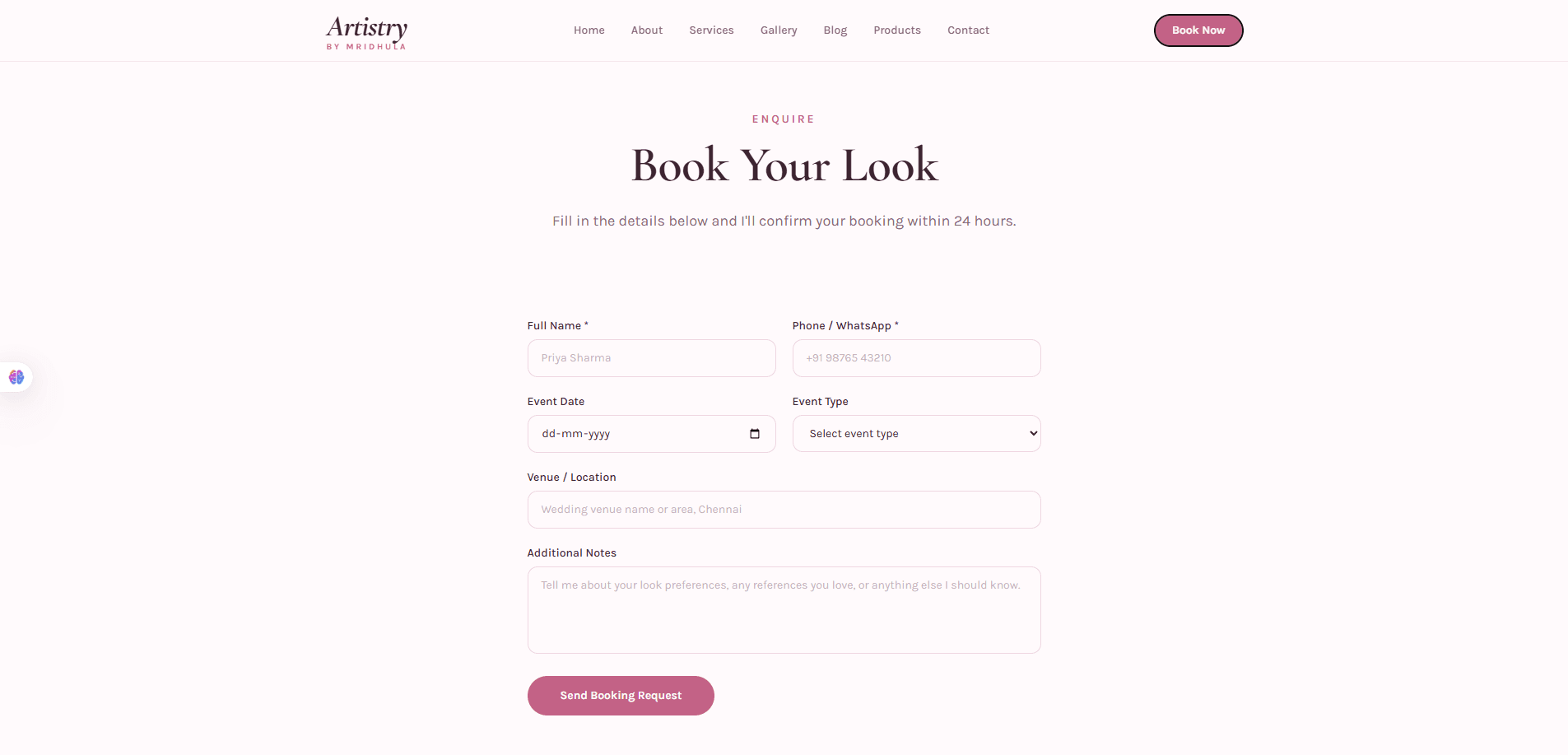 Book Your Look booking request form