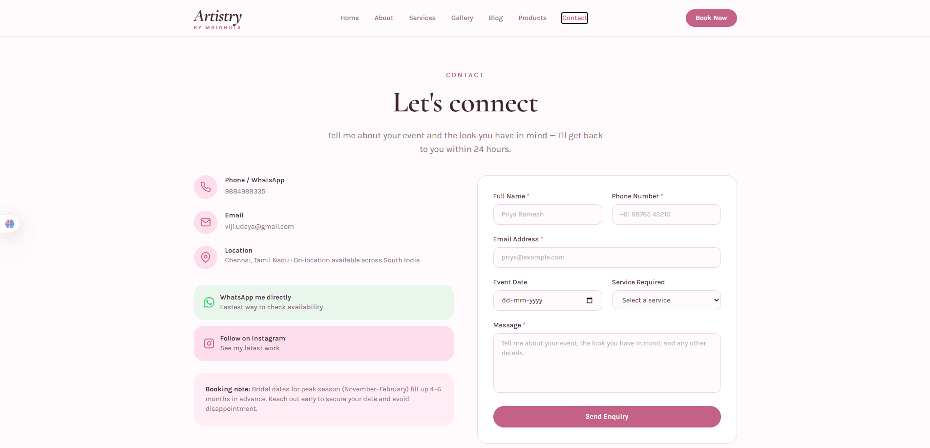 Contact page with details and enquiry form