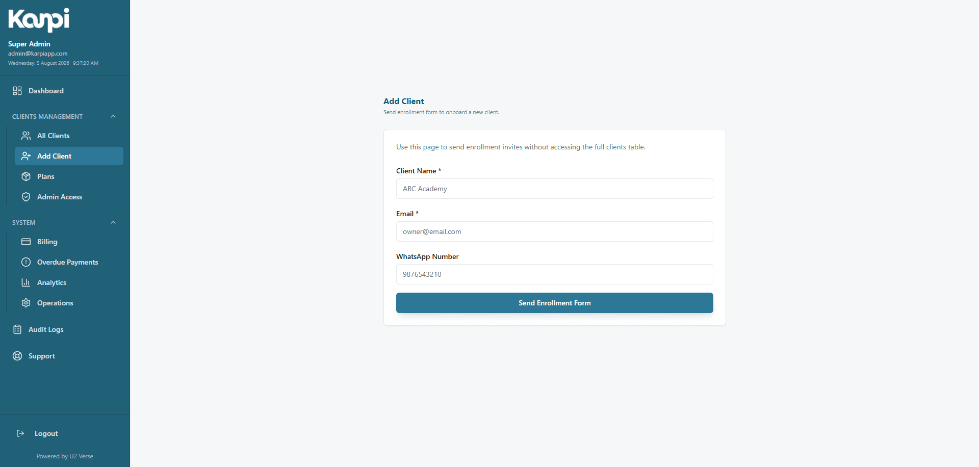 Onboarding a new academy as super admin