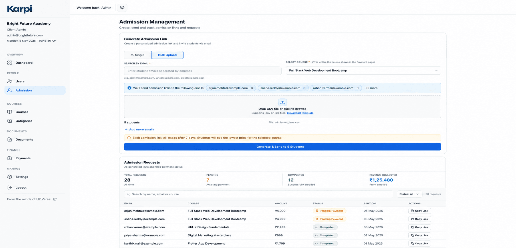 Bulk admission upload for many students at once
