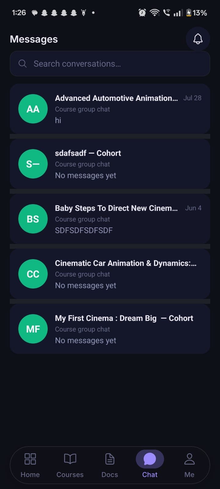 Chat screen on the student mobile app