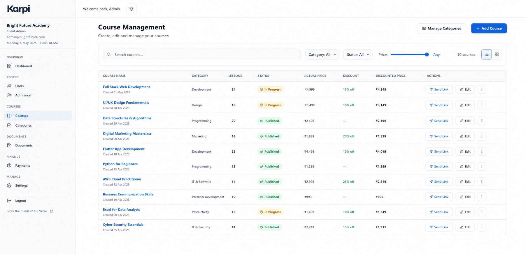 Course catalog management screen