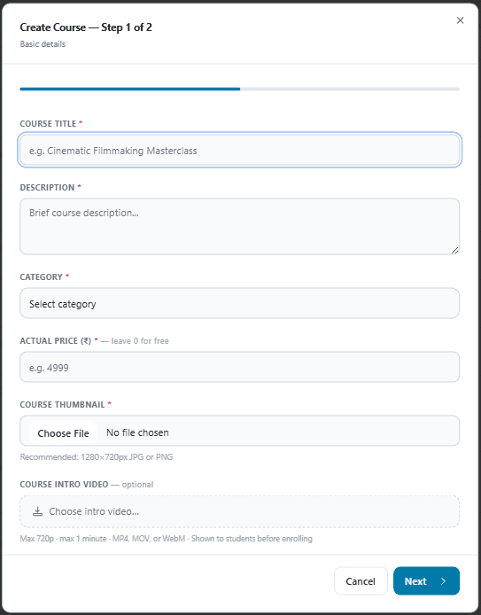 Course builder wizard step one