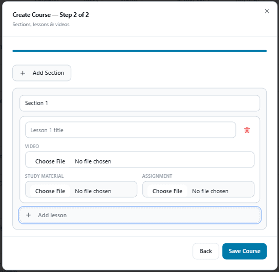 Course builder wizard step two