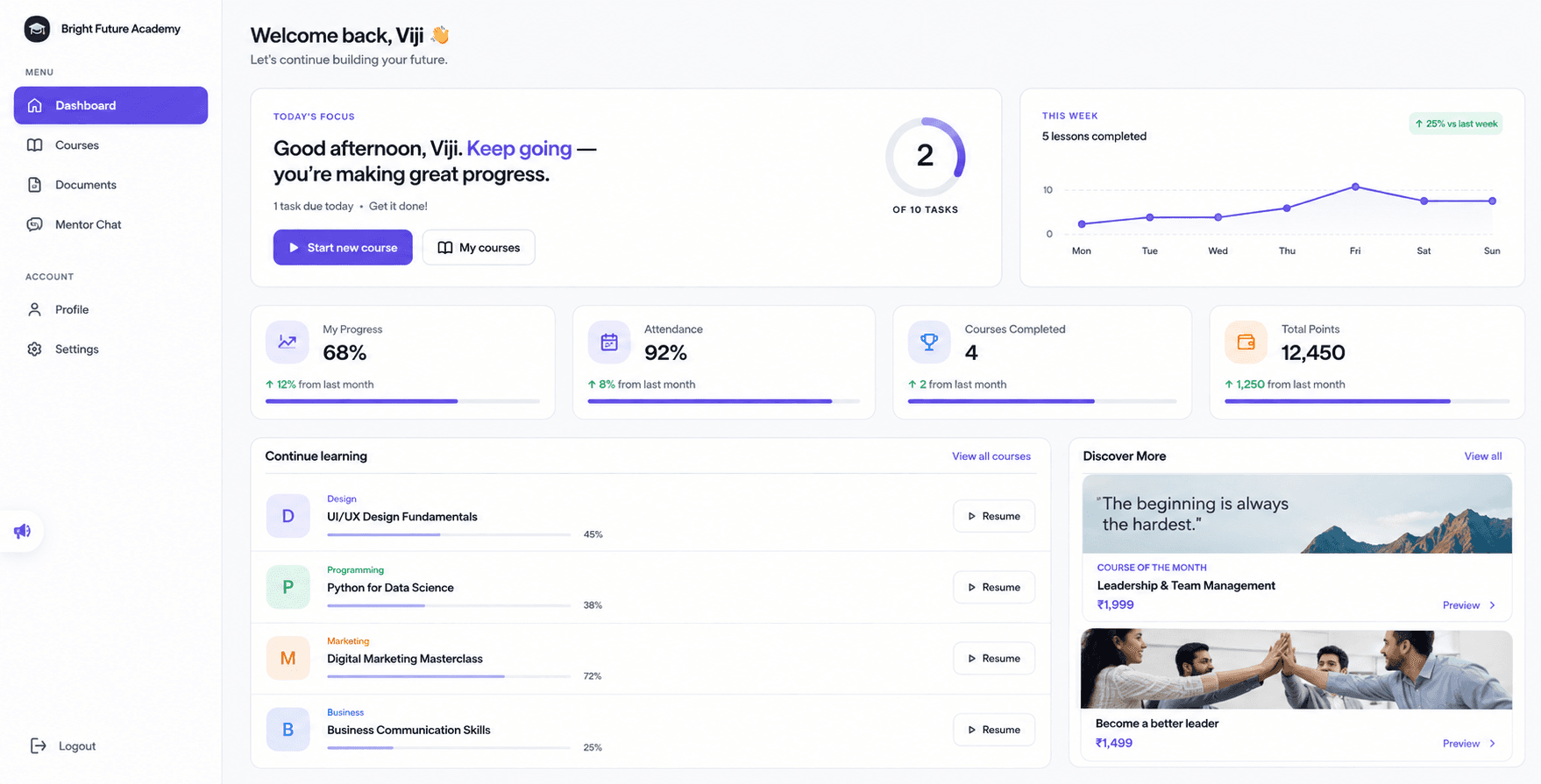Student web dashboard with learning streak and continue-learning list