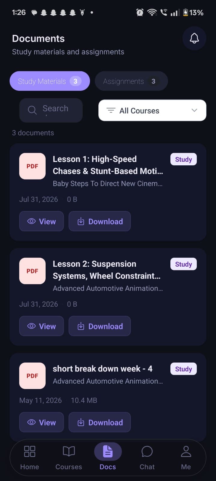 Documents and assignments on the student mobile app