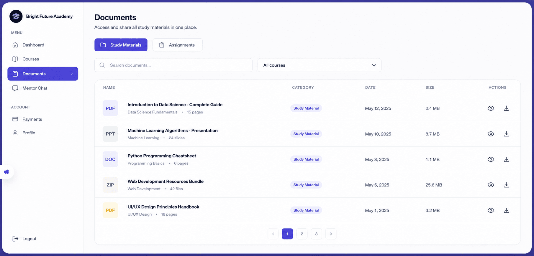 Study materials and assignments on the student web app