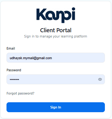 Client admin login screen