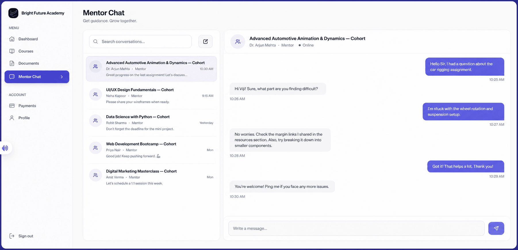Real-time chat with instructors on the student web app