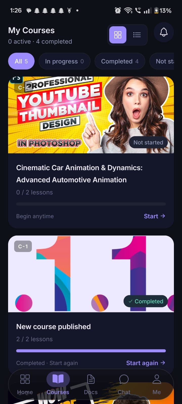 My courses screen on the student mobile app