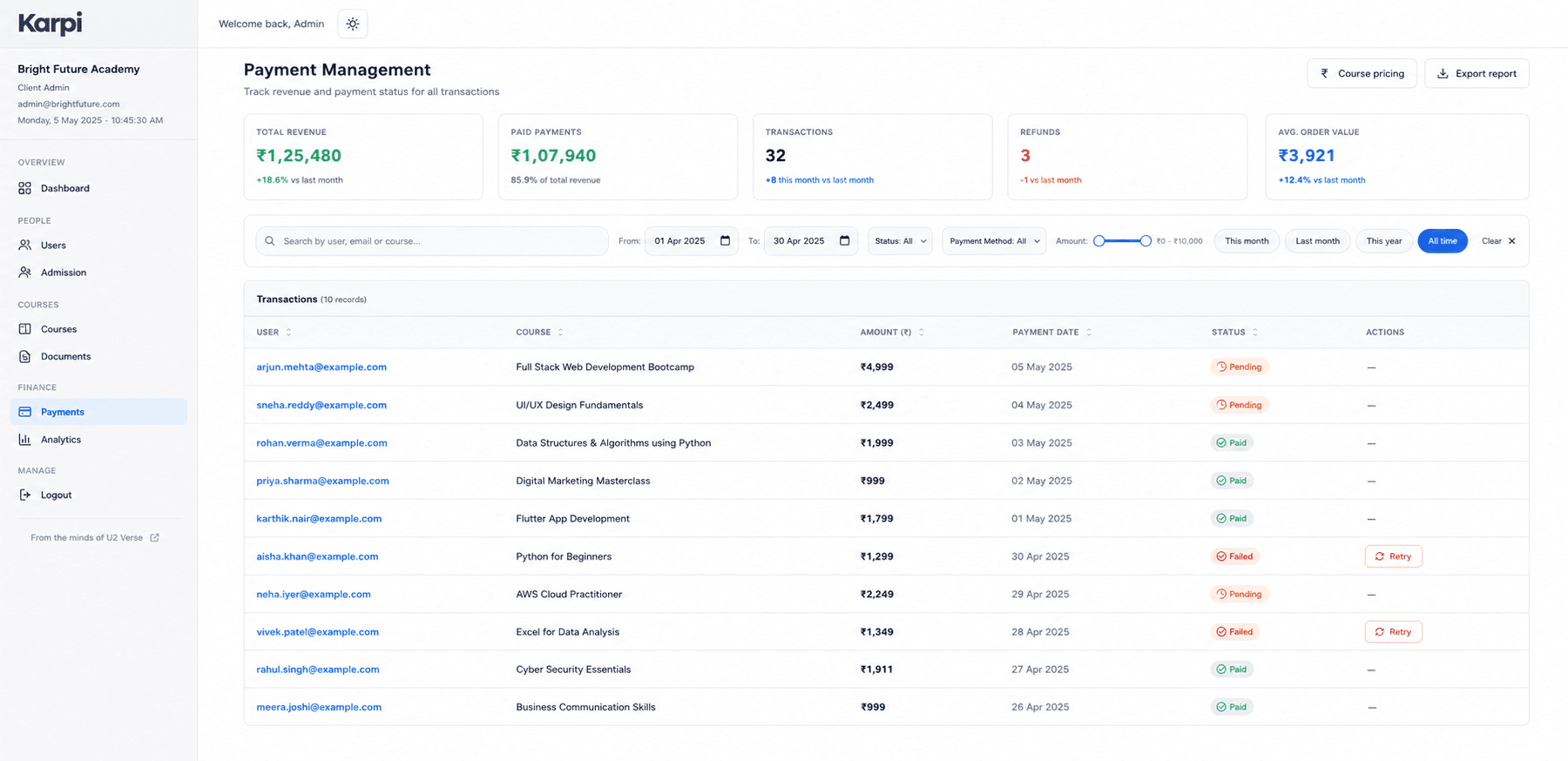 Course pricing and payment management