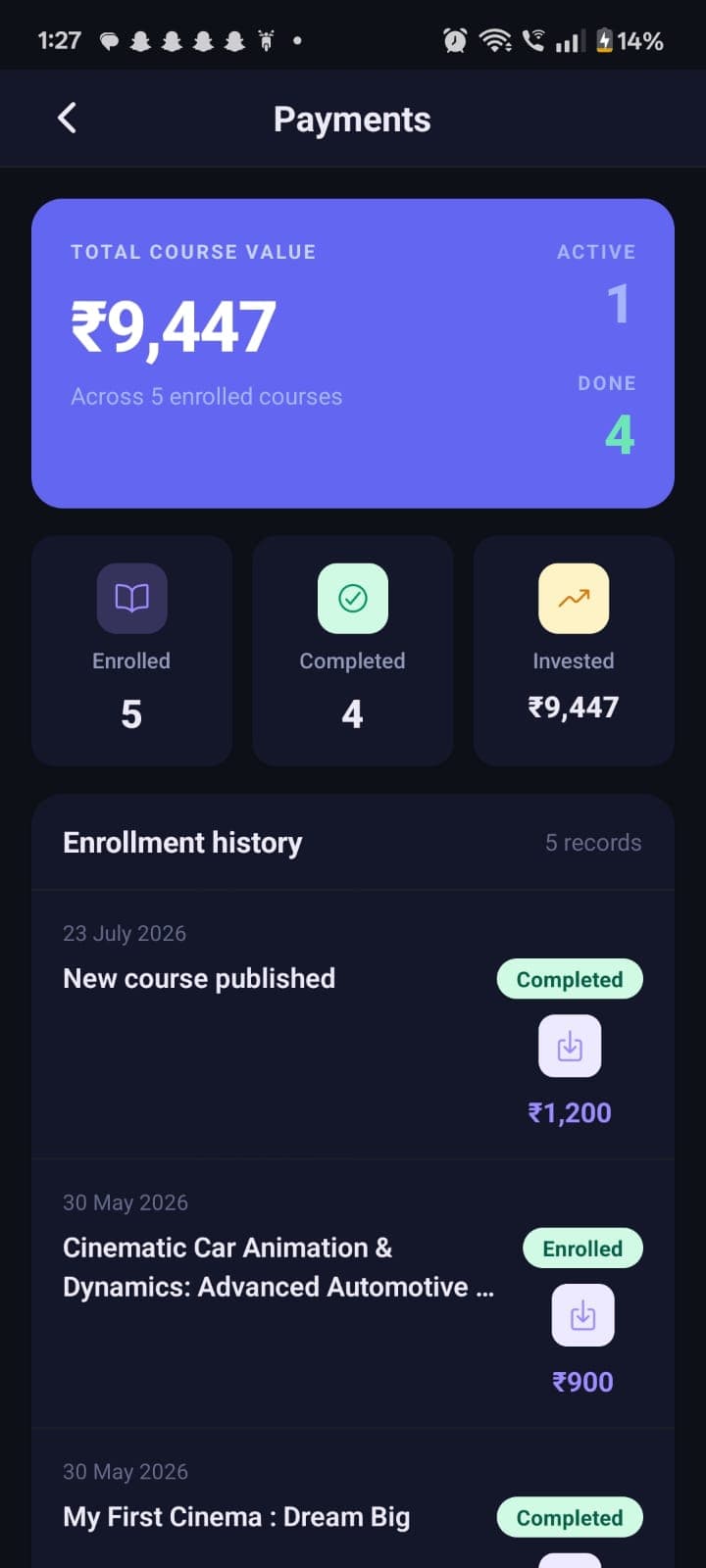 Payments and on-device invoices on the student mobile app
