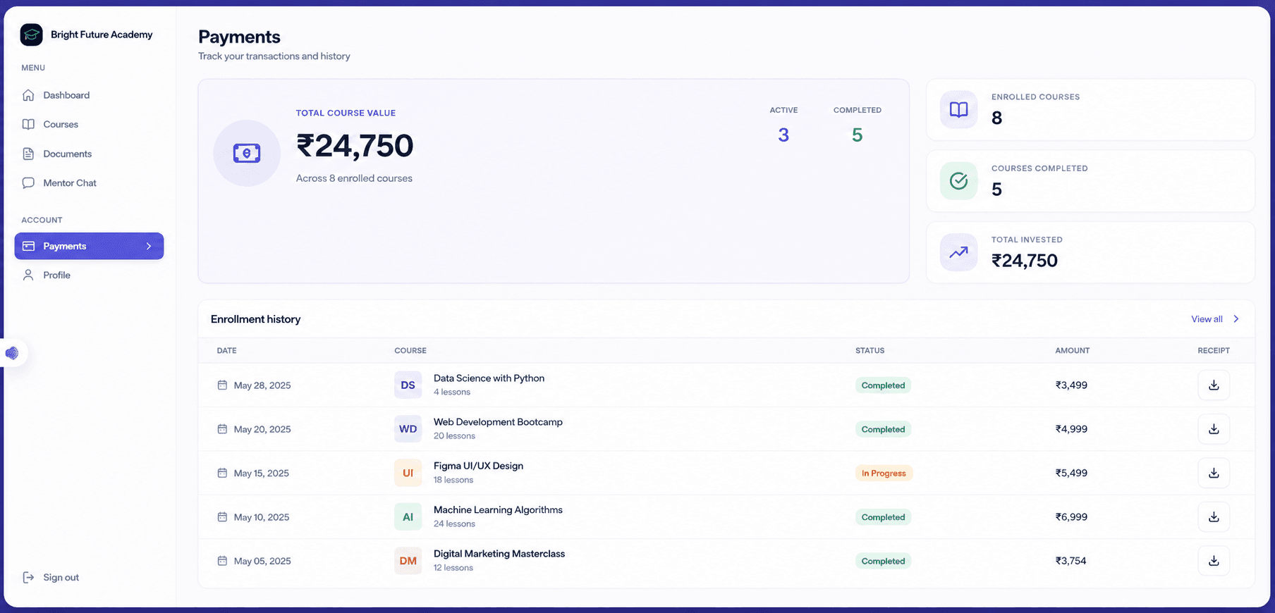 Payment history and invoices on the student web app