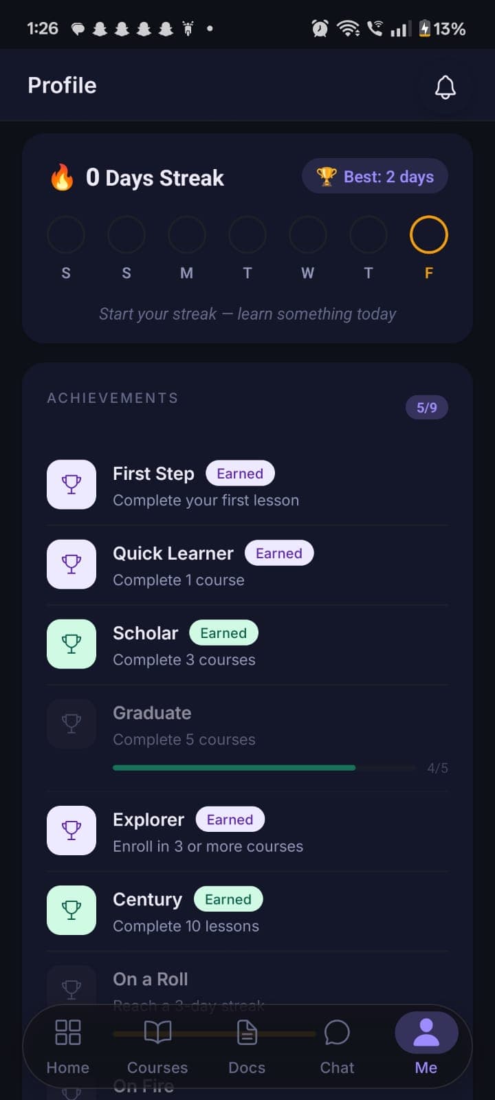 Profile screen showing certificates on the student mobile app