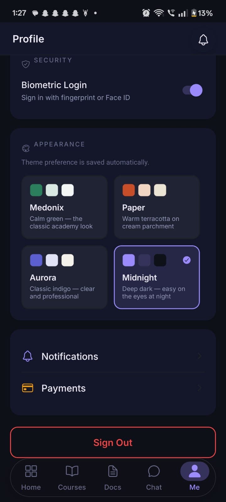 Profile screen showing theme picker on the student mobile app