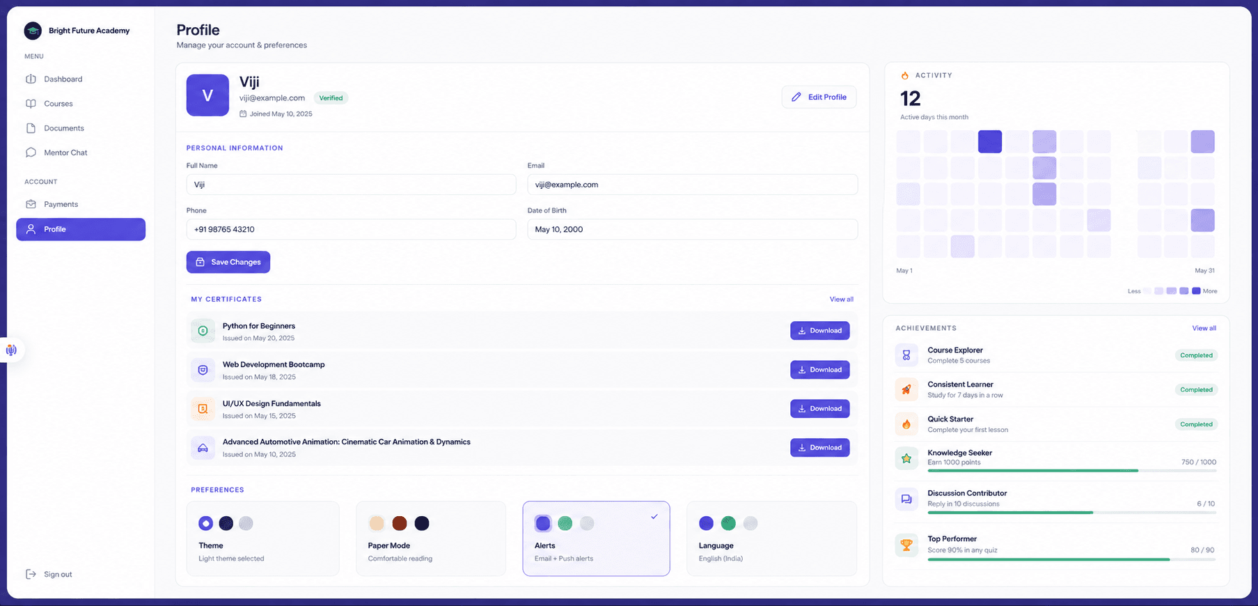 Student profile with streak and certificates