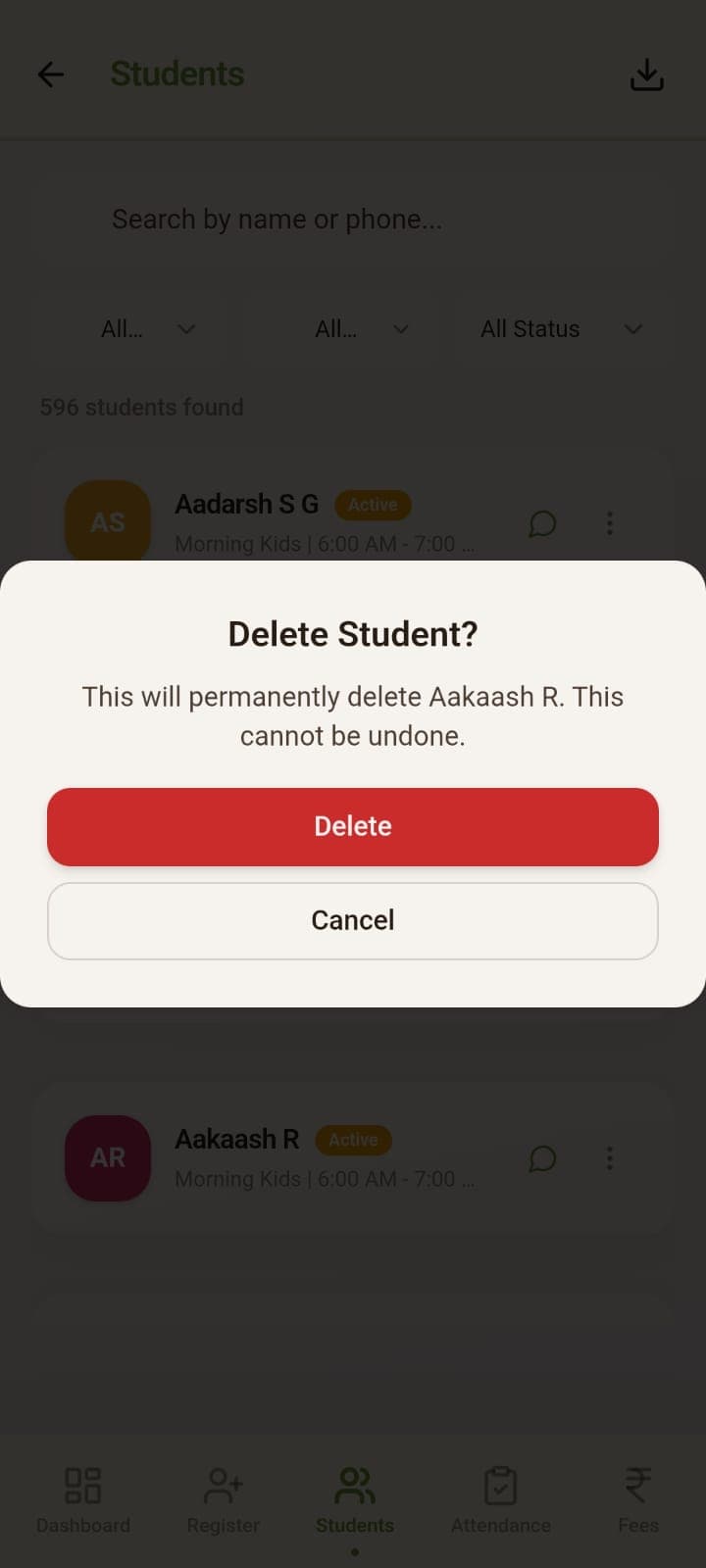 Delete student confirmation
