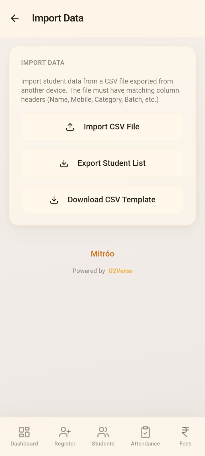 Import data screen