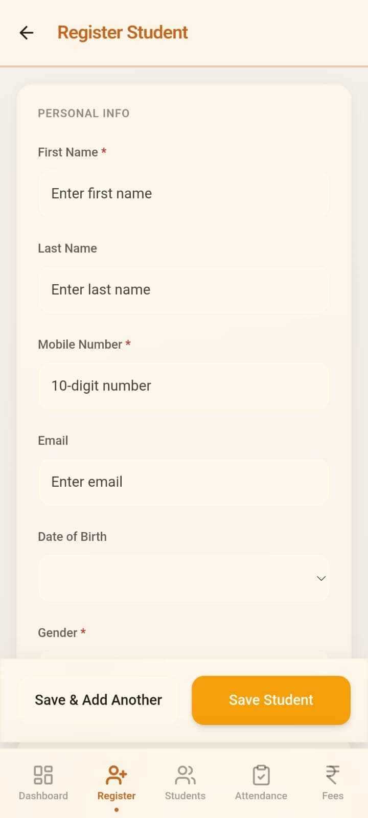 Register student — personal info