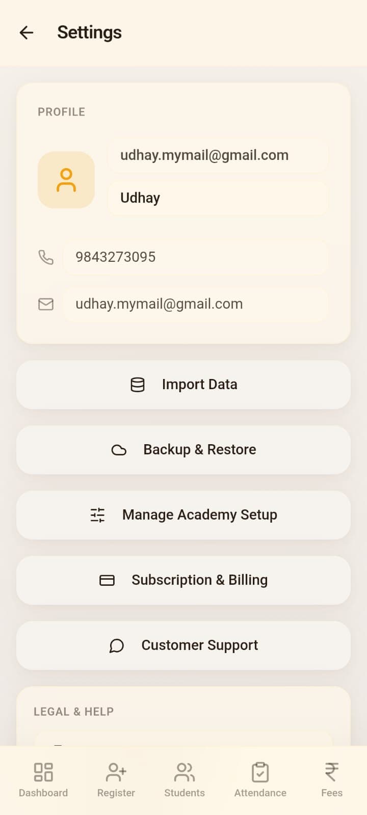 Settings screen