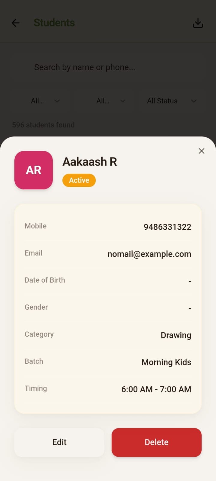 Student detail modal