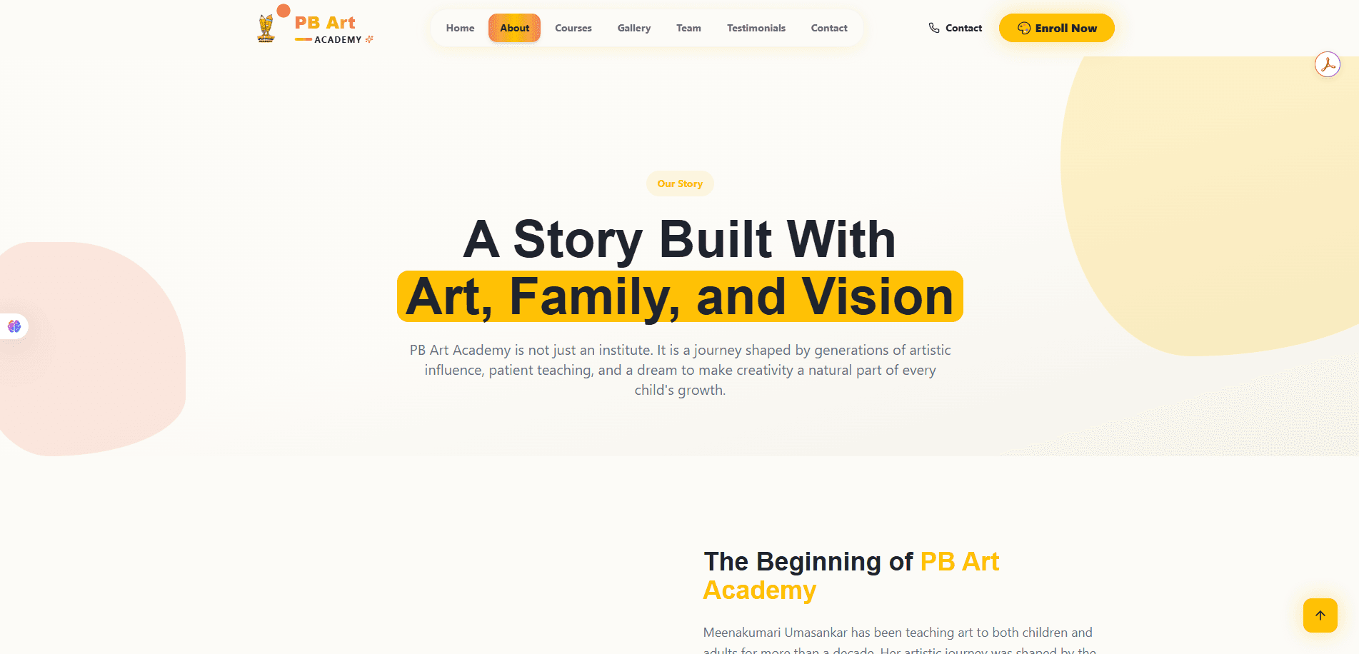 About page hero — A Story Built With Art, Family, and Vision