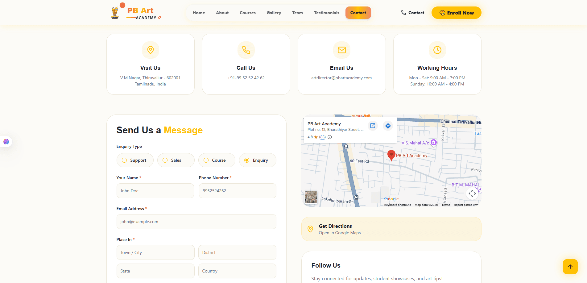 Contact page with info cards, map and message form