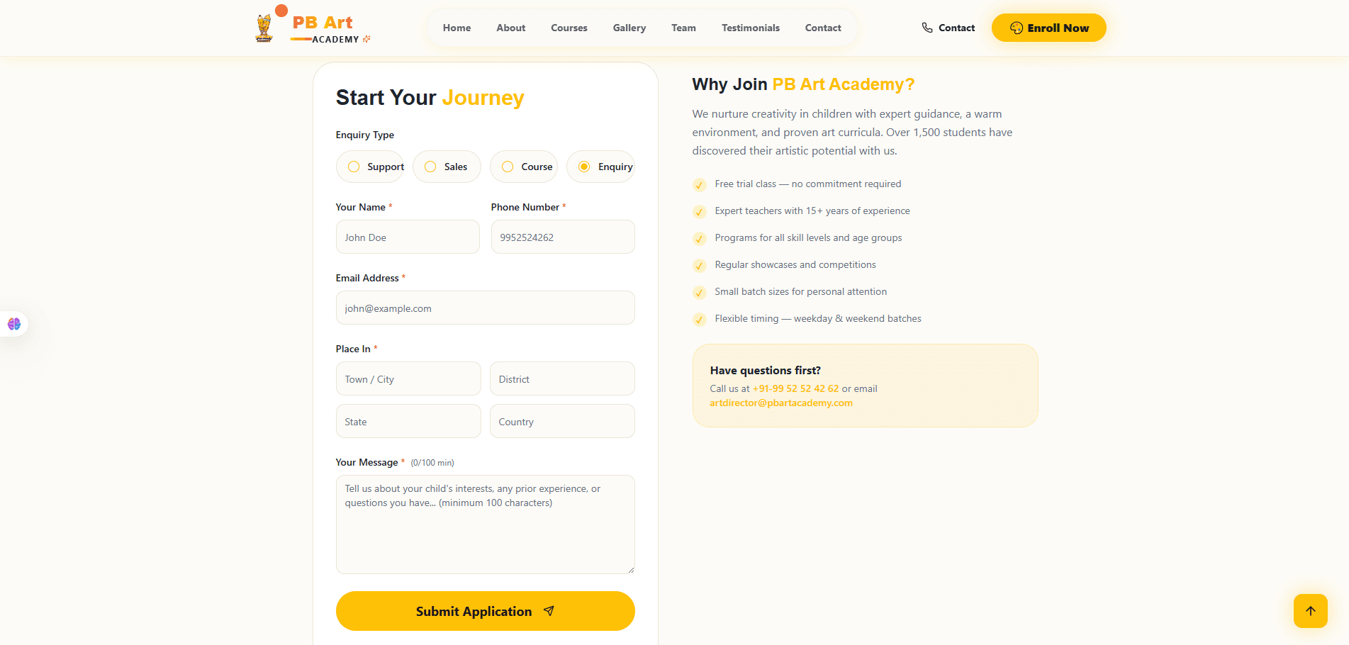 Enquiry form with why-join reassurance panel