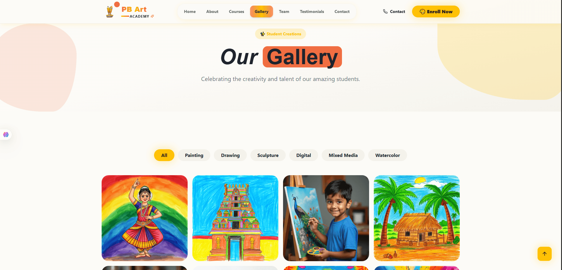 Gallery page with filter pills and image grid