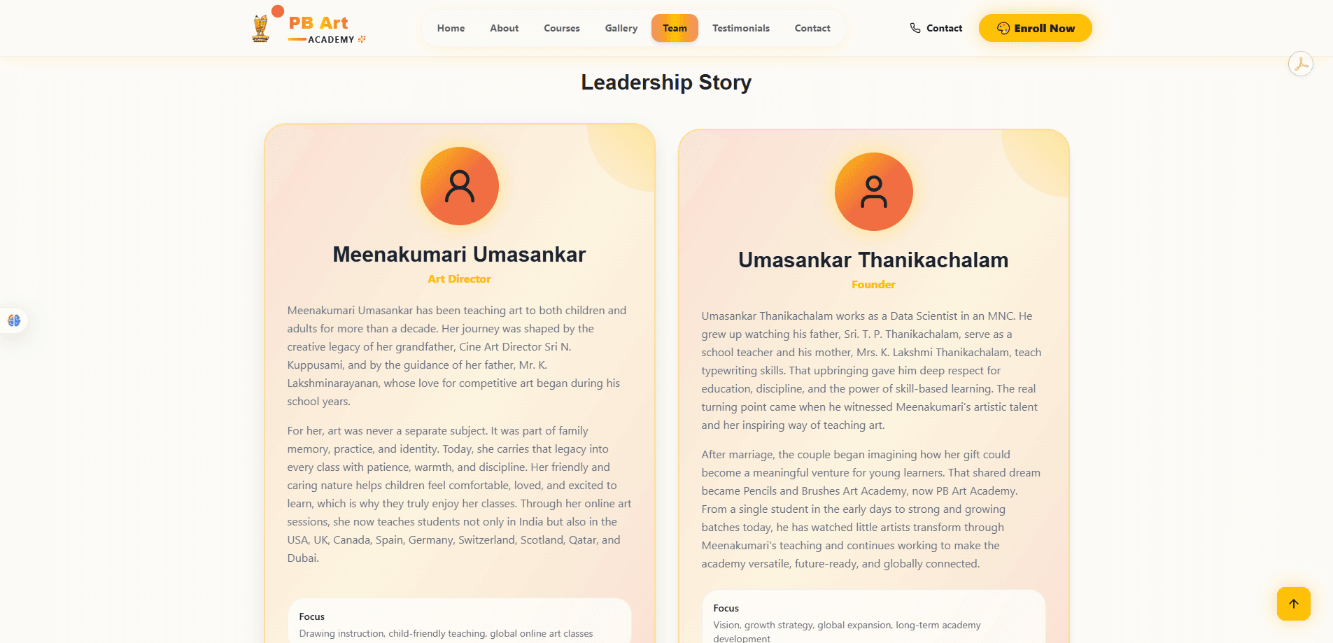 Team page leadership story cards