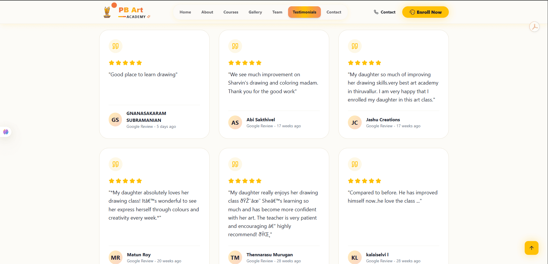 Grid of Google review testimonial cards
