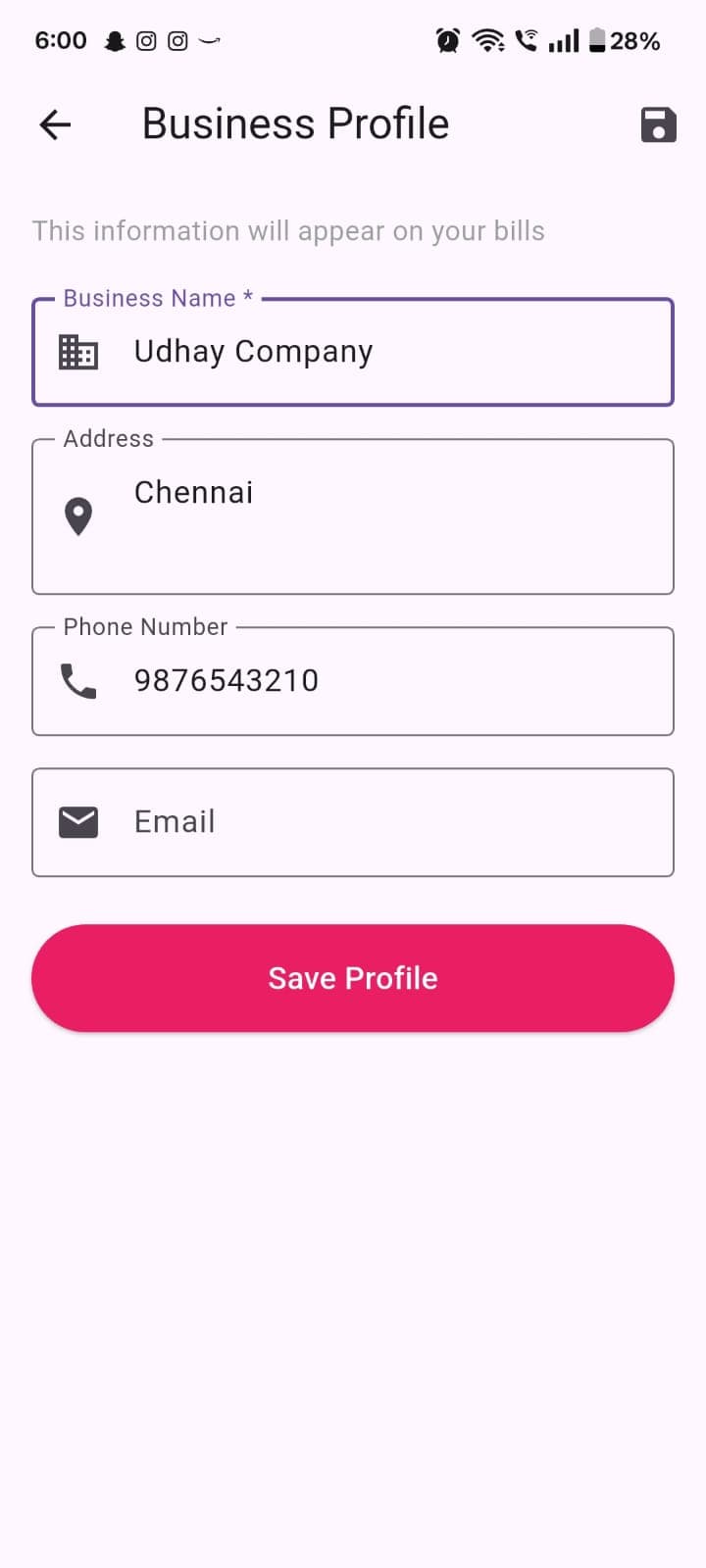 Business profile settings screen, editable