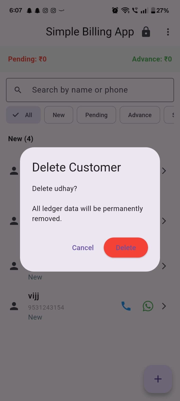Delete customer confirmation dialog